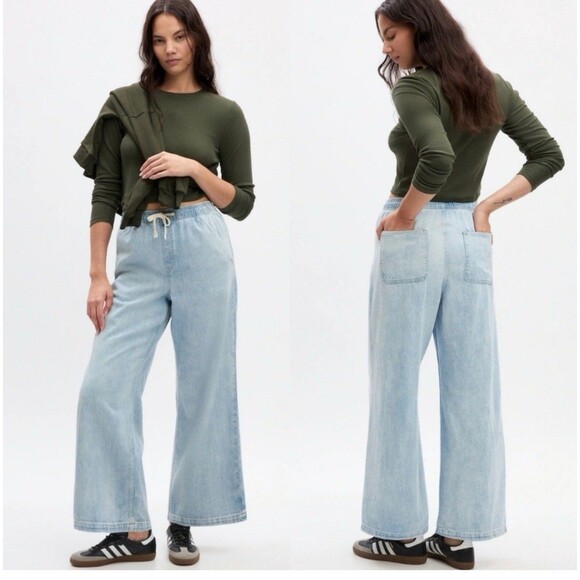 Gap Denim Women’s XXL High Rise Wide Leg Jeans Light Wash Pull On Drawstring 29” - Picture 1 of 11